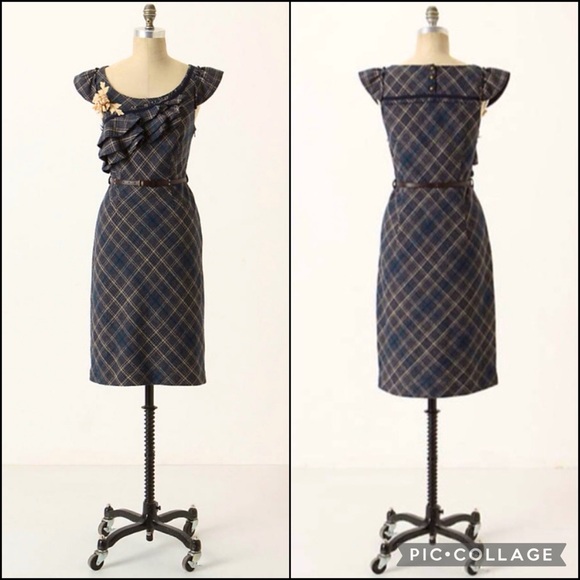 Anthro Floreat Wool Tweed Plaid Ruffle Neckline Pencil Sheath Dress - Picture 3 of 12